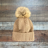 No Brand Kid's Brown Cable Knit Faux Fur Pom Pom Beanie Hat