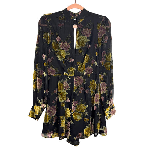 ASTR The Label Black Velvet Floral Print Romper - Size S