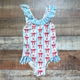 The Smocked Flamingo Red White and Blue Hats and Bows One Piece- Size 4T
