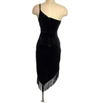 Do+Be Black Velvet One Shoulder with Front Ruching Hi-Lo Hem Fringe Dress NWT- Size S (sold out online)