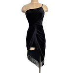 Do+Be Black Velvet One Shoulder with Front Ruching Hi-Lo Hem Fringe Dress NWT- Size S (sold out online)