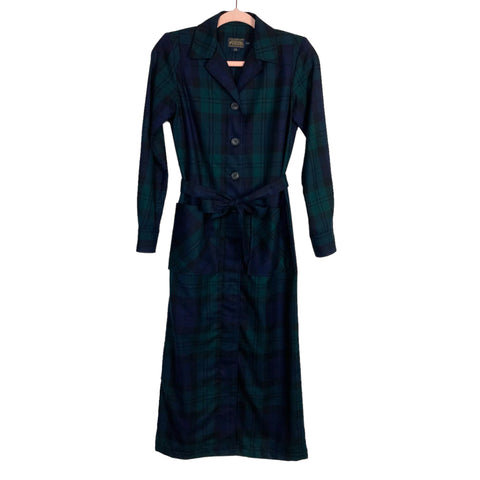 Pendleton Woolen Mills Forest Green/Black Plaid Tie Belt Shirt Dress-Size XXS