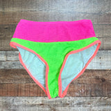 Pink Lily Hot Pink/Neon Green Color Block Textured High Waisted Bikini Bottoms - Size S (sold out online, we have matching bikini top)