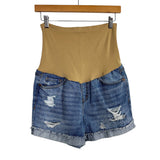 Indigo Poppy Maternity Distressed Cuffed Jean Shorts- Size L