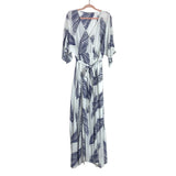 Baltic Born White Navy Leaf Print Double Slit Belted Dress- Size XL