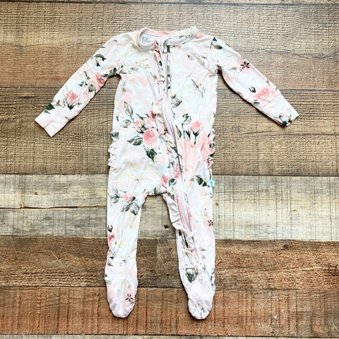 Posh Peanut Light Pink Floral Print Zip Up Ruffle Footie Outfit- Size 3-6M