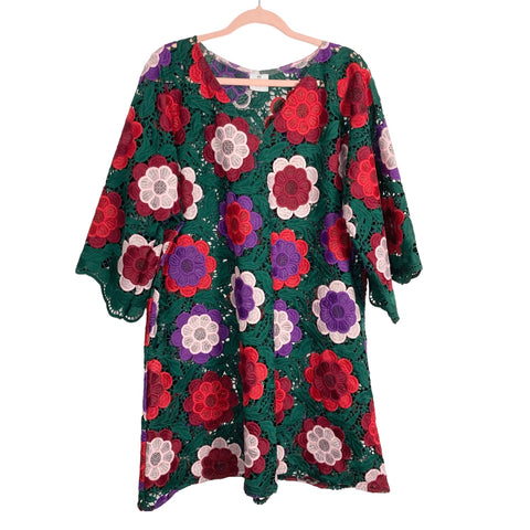 Tela Green with Red/Purple/Pink/Maroon Flowers Open Embroidered Dress- Size ~XXL (see notes)