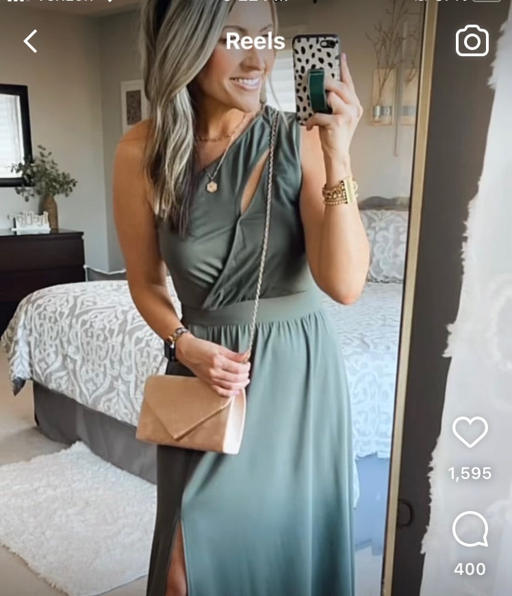 BTFBM Olive One Shoulder with Cut Out and Side Slit Maxi Dress- Size S   The Saved Collection