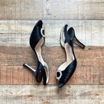 Manolo Blahnik Black Satin Rhinestone Charm Slinback Heels- Size 39 (see notes)