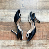 Manolo Blahnik Black Satin Rhinestone Charm Slinback Heels- Size 39 (see notes)