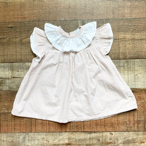 Pukatuka Blush/Beige Striped with White Ruffle Collar and Flutter Sleeves Top- Size 3Y