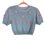 Sugar Thrillz Pale Blue Pink Flower Knit Cropped Sweater - Size XS (See Notes, Sold Out Online))