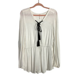 Free People White Lace Up V-Neck Elastic Waist Tunic Top- Size M