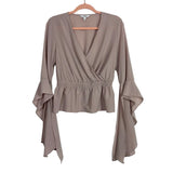 Express Light Mocha Swiss Dot with Asymmetrical Split Bell Sleeves Surplice Top- Size S (see notes)