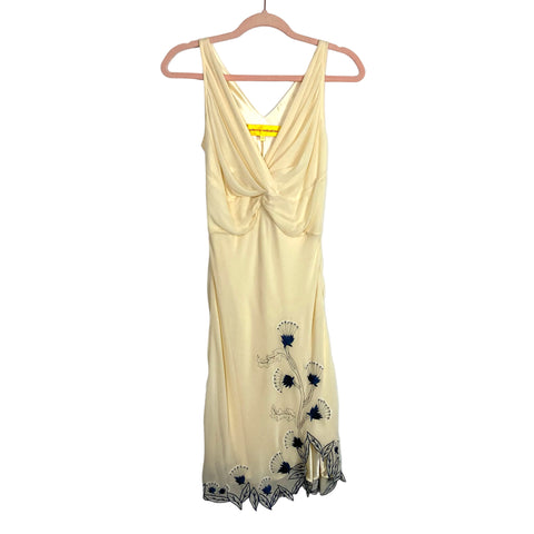 VINTAGE Catherine Malandrino Cream 100% Silk with Navy Embroidered Floral Detail Dress- Size 2 (see notes)