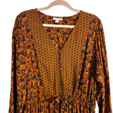 Knox Rose Caramel with Mustard/Fuchsia Floral Print Button Up Drawstring Waist Dress- Size M (sold out online)
