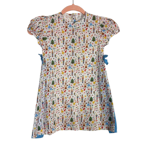 James & Lottie Nutcracker Print with Blue Side Pleats and Bows Dress- Size 5