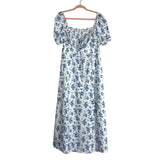 No Brand White/Navy Floral Print Puff Sleeves with Front Tie and Front Slit Maxi Dress- Size XL