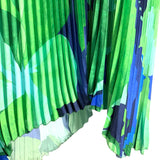 L'IDEE Blue and Green Printed Pleated Plunge Neckline Silky Dress- Size 10 (sold out online)