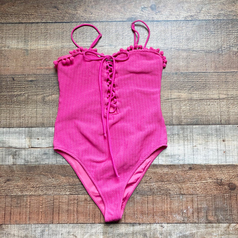 Lovers + Friends Hot Pink Pom Pom Trim Front Lace Up One Piece- Size S