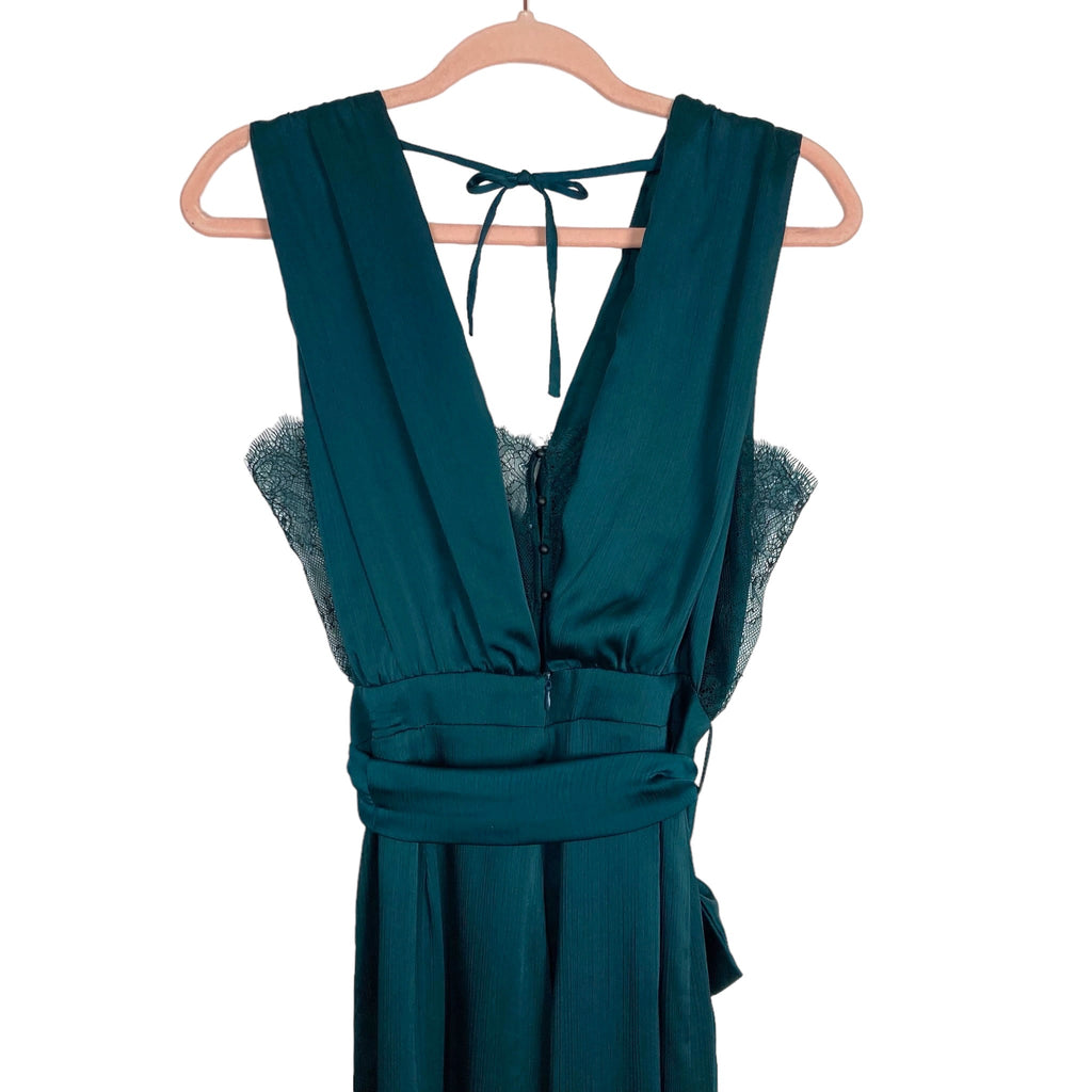Zara Basic Satin Green Lace Trim Side and Back Tie Jumpsuit- Size S The Saved Collection Zara Basic Satin Green Lace Trim Side and Back Tie Jumpsuit- Size S The Saved Collection