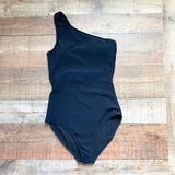M Black Ribbed Padded One Shoulder One Piece Swimsuit- Size S