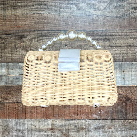 Btb Los Angeles Rectangular Wicker Canvas Lined Large Pearl Strap Handbag