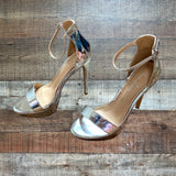 Lauren Lorraine Metallic Silver Ankle Strap Stilettos- Size 8 (see notes)
