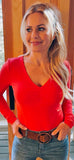 Candace Cameron Bure Red Ruched V-Neck Top- Size XXXS
