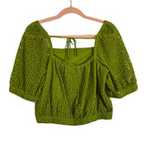 Everlane Green Eyelet Tie Back Elastic Waist Puff Sleeve Top- Size M