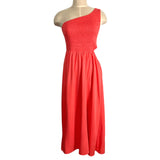 Anrabess Coral One Shoulder with Side Cut Out Smocked Midi Dress NWT- Size M