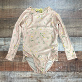 Minnow Pale Pink with Floral Print and Back Ribbon Tie Rashguard One Piece Swimsuit- Size 5/6T (see notes, we have matching swimsuit)