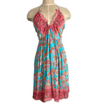 No Brand Turquoise Pink Floral Halter Tie Dress- Size XL