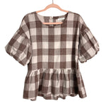 Blu Pepper Brown Plaid Puff Sleeve Top- Size S