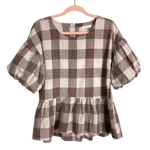 Blu Pepper Brown Plaid Puff Sleeve Top- Size S