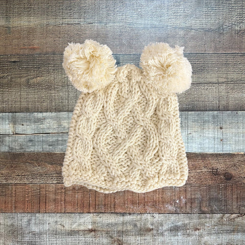 No Brand Light Beige Knit Double Pom Kids Hat