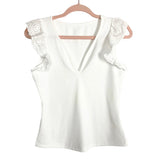 No Brand White Ribbed V-Neck with Eyelet Lace Ruffle Sleeves Top- Size S (see notes)