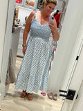Pink City Prints White/Blue/Teal Floral Print with Tie Straps Smocked Maxi Dress- Size XL