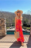 Aakaa Hot Pink Orange Palm Leaf Strapless Wide Leg Jumpsuit NWT- Size S
