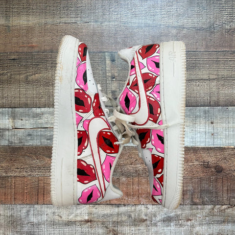 Pre-Owned Nike Air Force 1 White Lipstick Kiss Design Sneakers with Red and Pink Laces- Size 6Y (see notes)