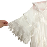 Tularosa Off White Pleated Sheer Embroidered Ruffle Sleeve Crochet Trim Top- Size S