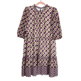Marie Oliver Purple Pink and Green Geo Print Metallic Puff Sleeve Dress- Size XL (sold out online)