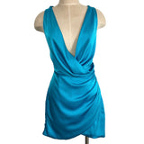 Misha Marina Blue Satin with Draped Neckline and Back Twist Detail Calypso Dress NWT- Size M