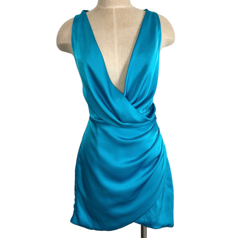 Misha Marina Blue Satin with Draped Neckline and Back Twist Detail Calypso Dress NWT- Size M