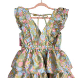 Buddy Love Green with Blue and Pink Floral Ruffle Tiered Tie Back Dress NWT- Size M