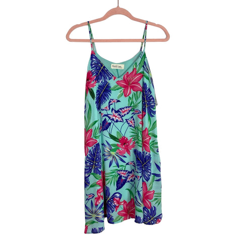 Peach Love Blue with Tropical Flower Print Explore New Shores Dress NWT- Size S
