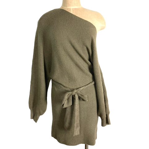 Blue Blush Olive One Shoulder Tie Belt Sweater Dress- Size M