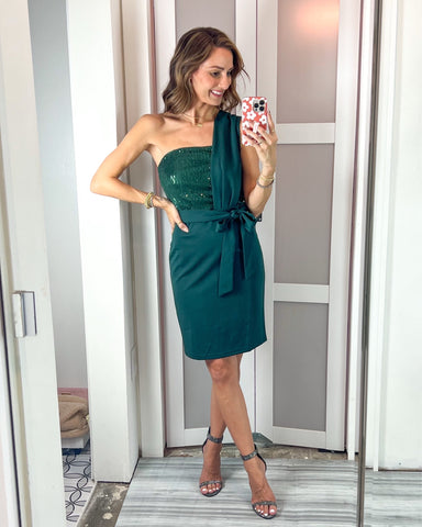 grace karin sequin dress Grace Karin Evergreen Sequin Bodice One Shoulder with Tie Belt Dress N – The Saved Collection
