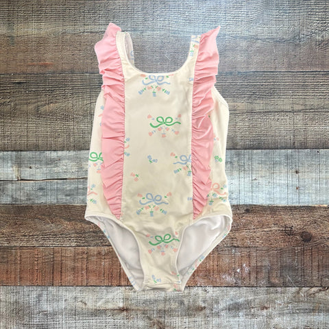 The Beaufort Bonnet Company White Bow/Flower Pink Ruffle Swimsuit - Size 3T