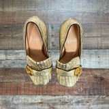Gucci Gold Crinkle Leather Logo Block Heels- Size 36 (see notes)
